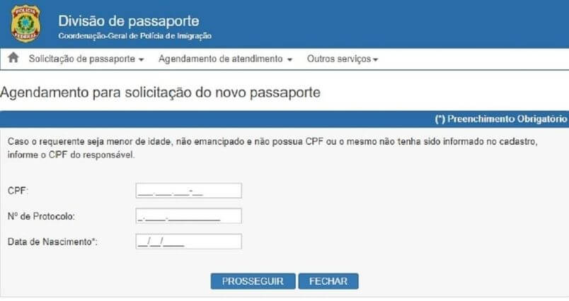 Tela para agendamento de passaporte