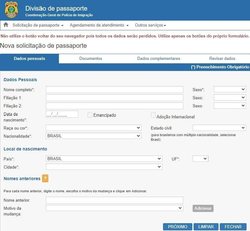 Formulário online para como tirar passaporte