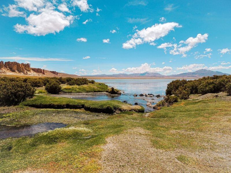 Paisagem do Salar de Tara, com formações e vulcões ao fundo