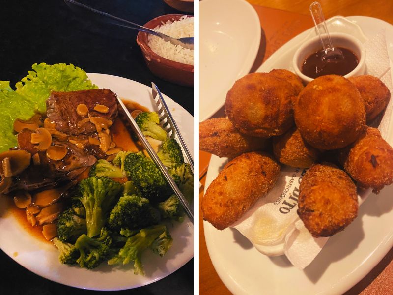 Um prato de carne com cogumelo e brócolis e um prato com croquetes, luagres onde comer em Atibaia